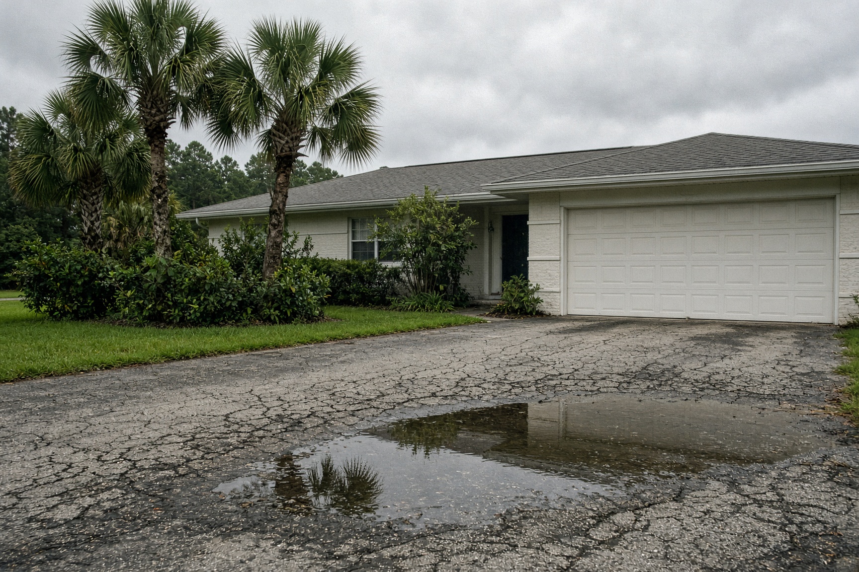 Failed Palmetto driveway with standing water and raveled asphalt