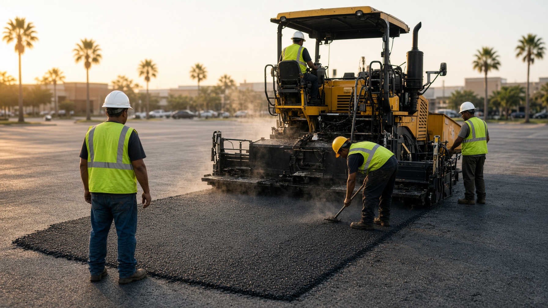 Paving crew laying a fresh asphalt mat